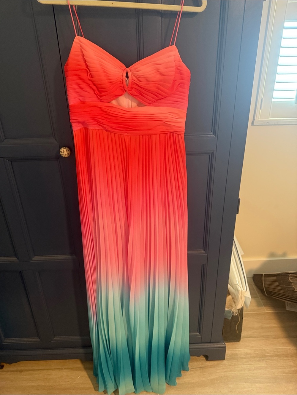 AMUR Coral-to-Teal Ombre Pleated Maxi Dress